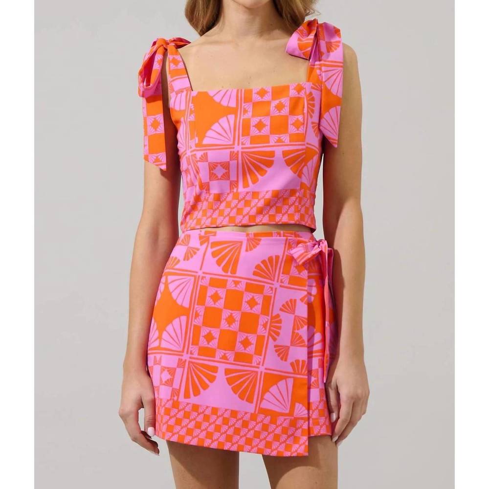 Sugarlips Pink and Orange Geometric Tie-Shoulder Crop Top